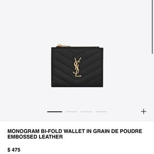 YVES SAINT LAURENT MONOGRAM BI-FOLD WALLET IN GRAIN DE POUDRE EMBOSSED LEATHER